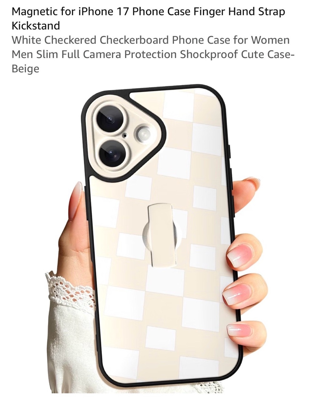 ☎️Magnetic Beige & White Checkered iPhone 17 Case with Finger Strap/stand